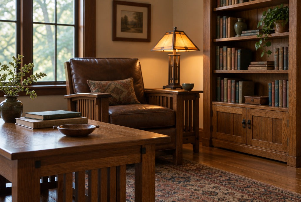 An Arts and Crafts style living room with an oak bookcase, library table, leather chair and warm lamp light