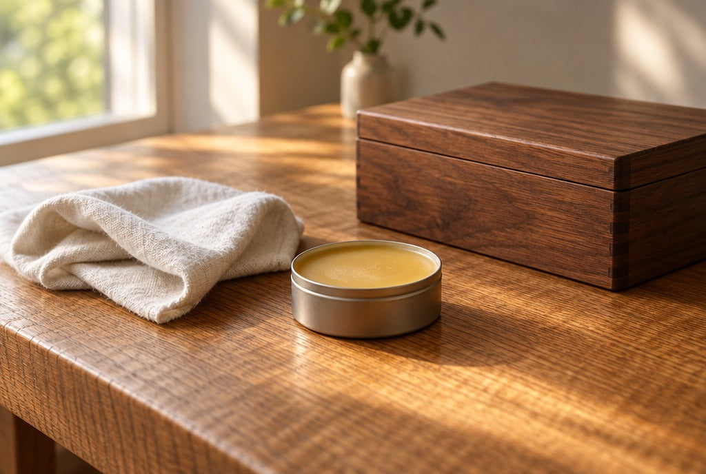 A soft cloth and wax on a quarter-sawn oak tabletop beside a walnut box in warm window light