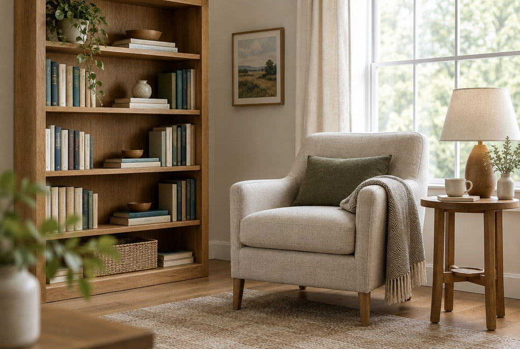 A cozy reading nook with a solid oak bookcase, armchair, small wood side table and lamp by a window