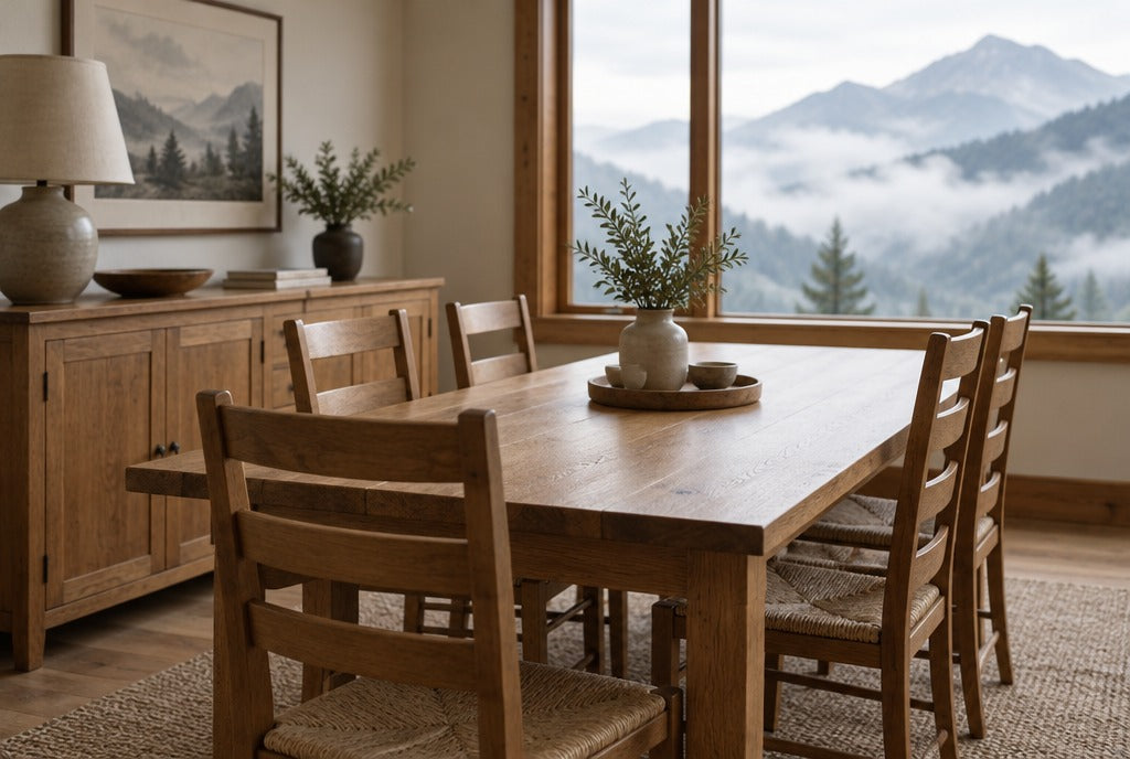A mountain-home dining room with a solid oak table, ladder-back chairs, a sideboard and a window onto misty mountains