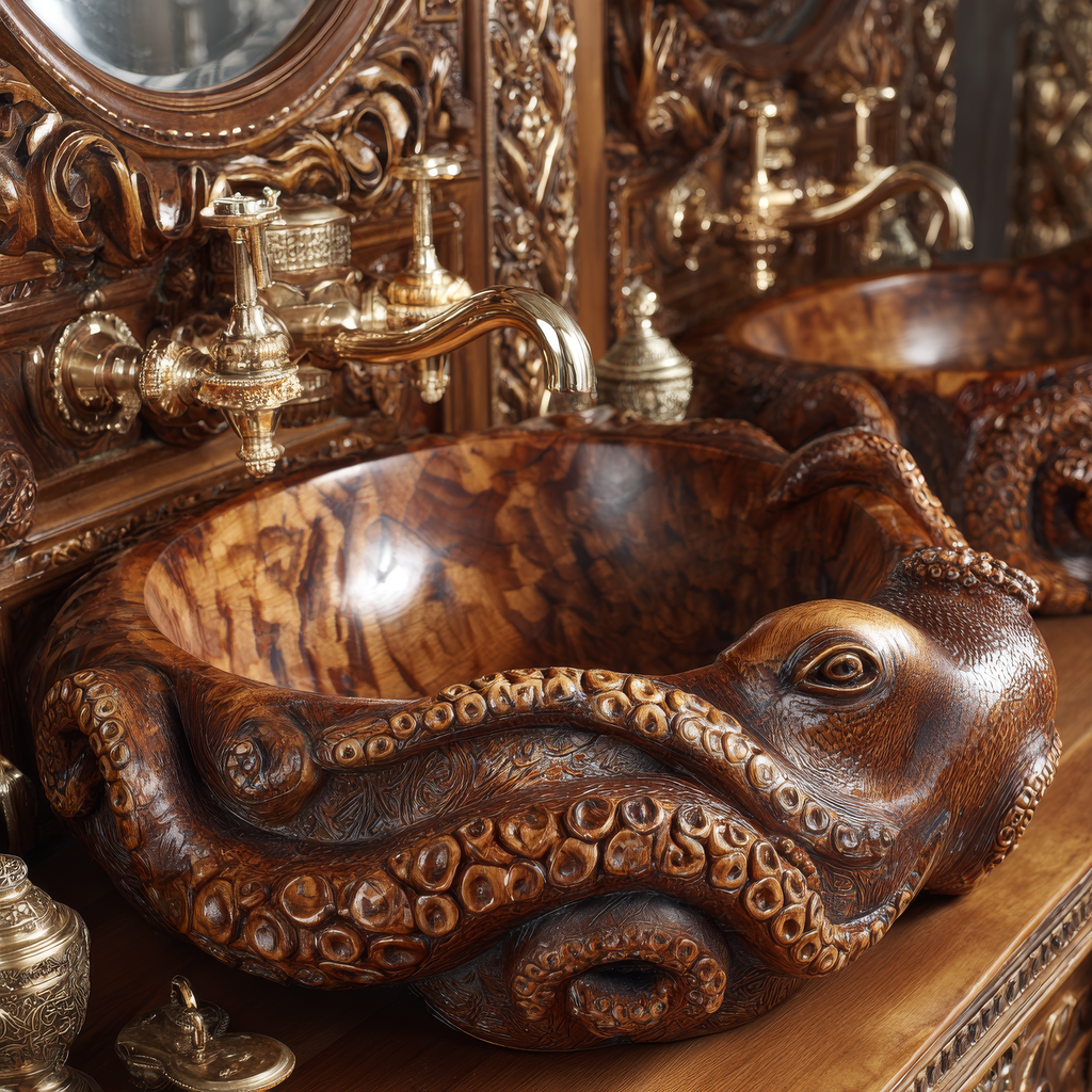 Nautivar Octopus Form Handcarved Solid Wood Sculpted Vessel Sink