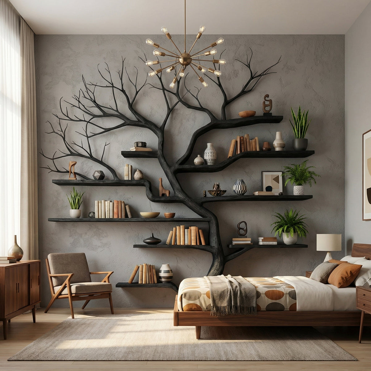 Rustic Tree Branch Bookshelf Living Wall