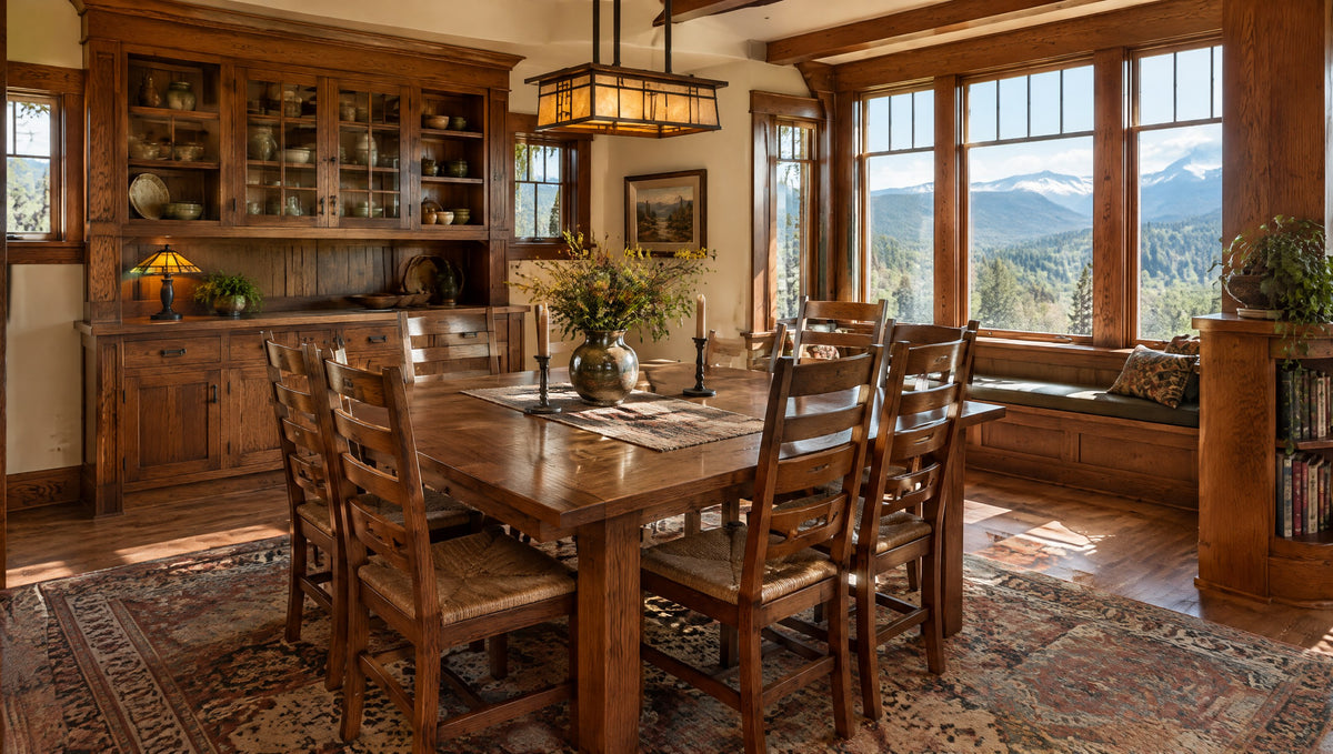 A warm Arts and Crafts style dining room with a solid oak table and mountain views